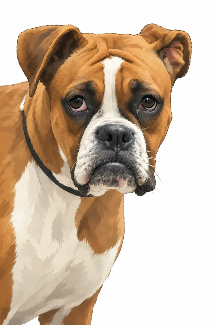 An anime-inspired illustration of the photographed brown-and-white boxer dog, with its familiar face markings and a simplified white background.