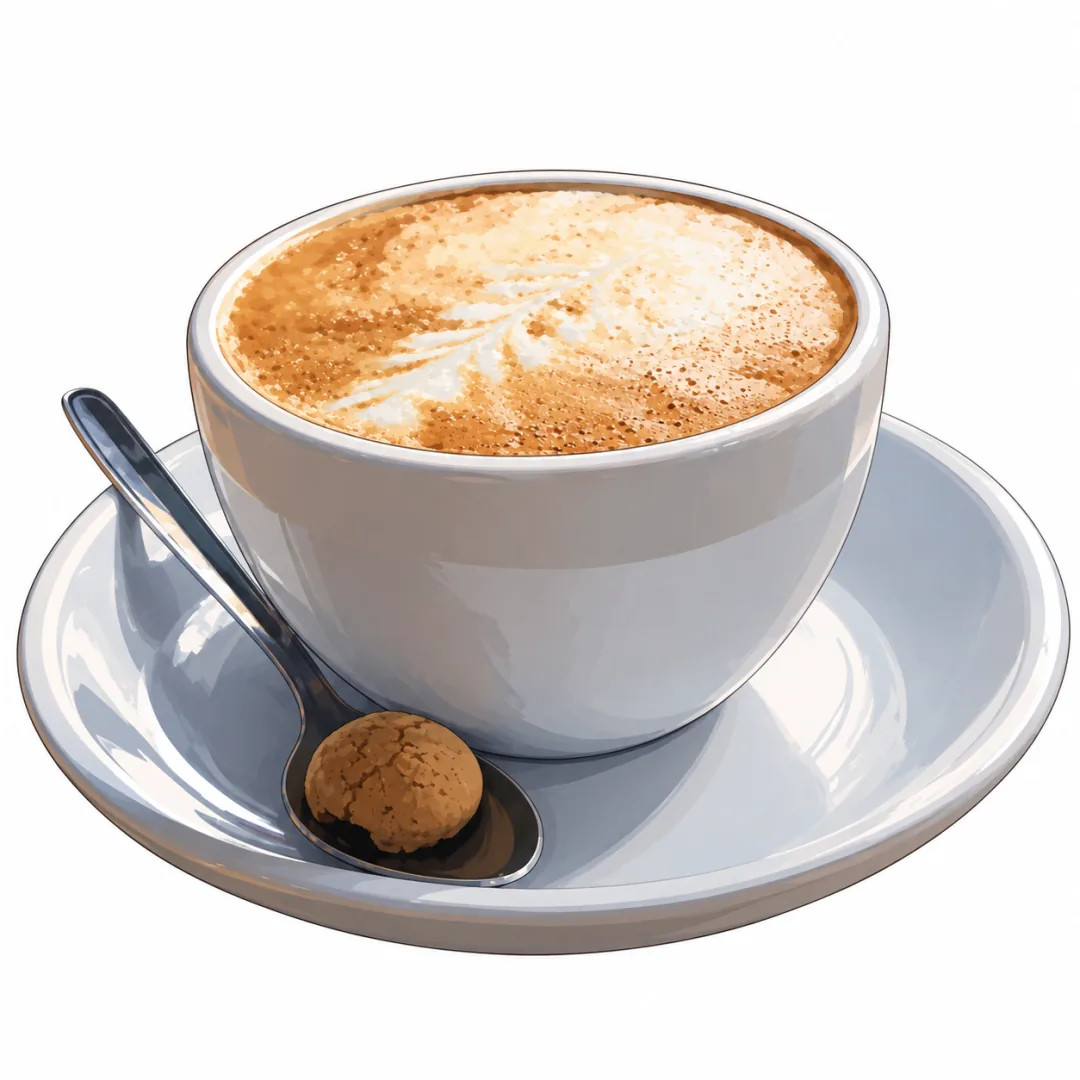 An anime-inspired illustration of the photographed white cappuccino cup, saucer, spoon and biscuit, with the tabletop reinterpreted as white.