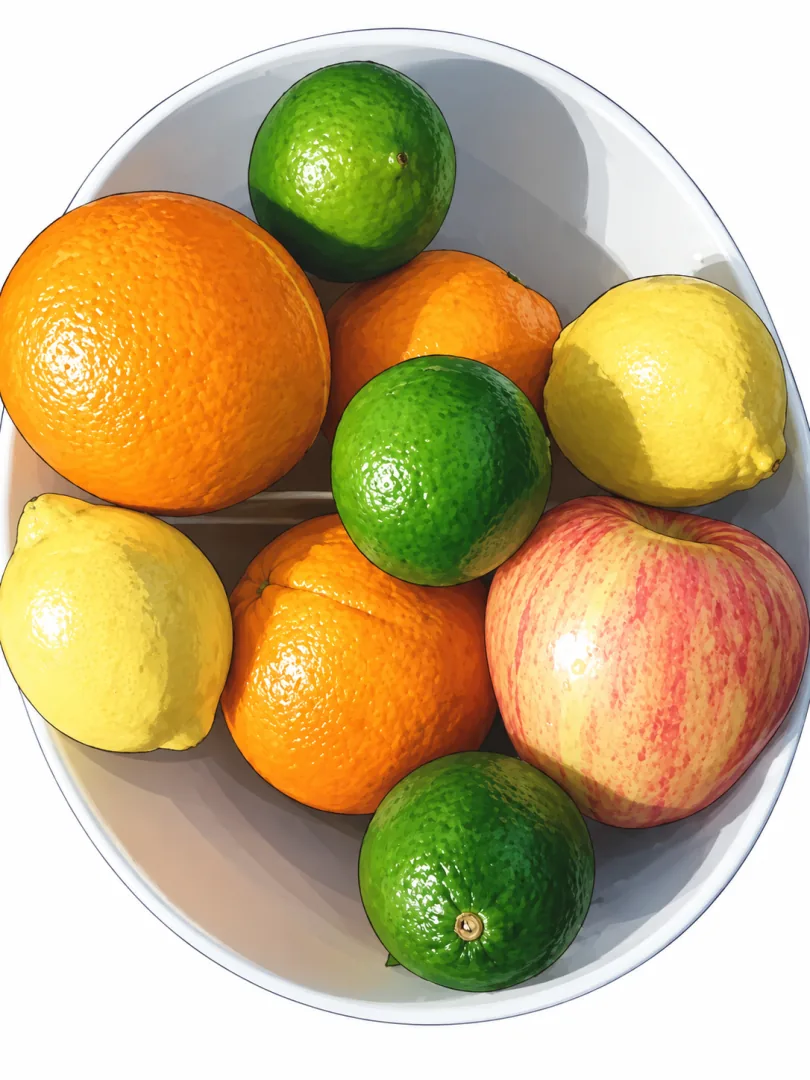 An illustrated interpretation of the photographed fruit bowl, with colorful citrus and an apple on white; some fruit shapes and varieties are reinterpreted.