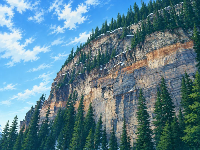 A detailed anime-inspired interpretation of the photographed mountain cliff and evergreen forest, with a brighter blue sky and reimagined rock textures.