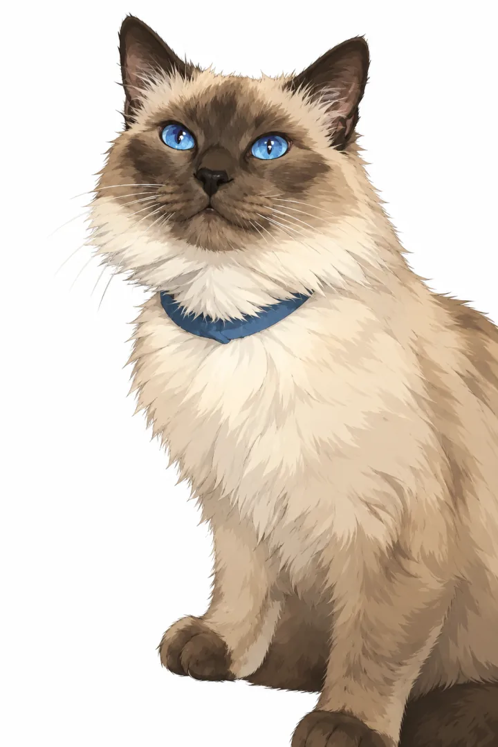 A real blue-eyed cream cat reinterpreted as a detailed anime-inspired illustration, with its dark face and blue collar on a simplified white background.
