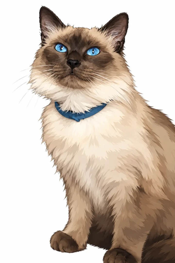 The same photographed blue-eyed cat reinterpreted with illustrative cartoon shading and a simplified white background.
