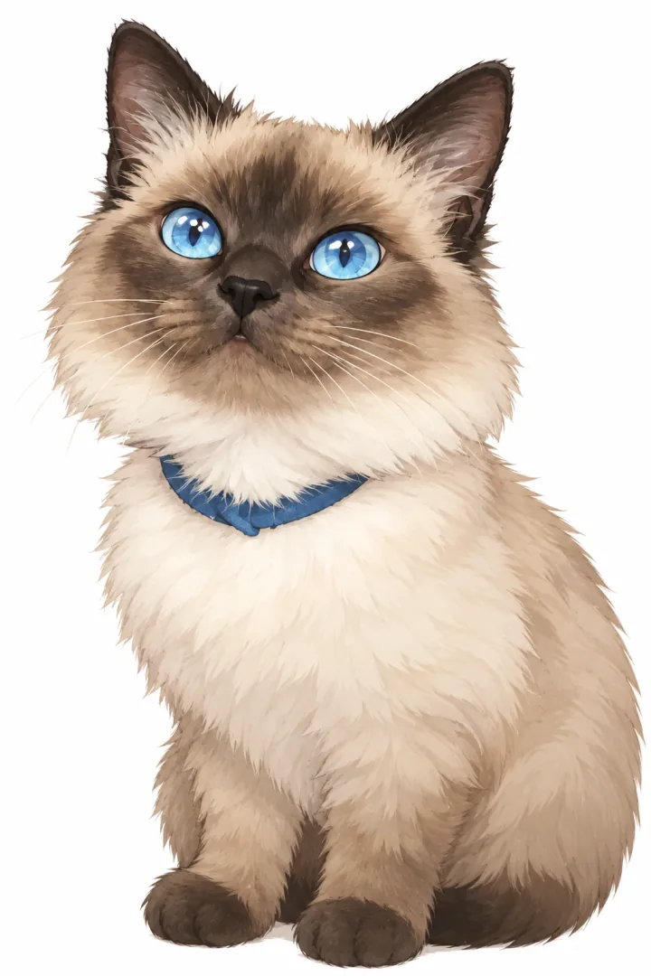The same blue-eyed cat with its dark face and blue collar, reinterpreted with a rounder head and compact chibi proportions.