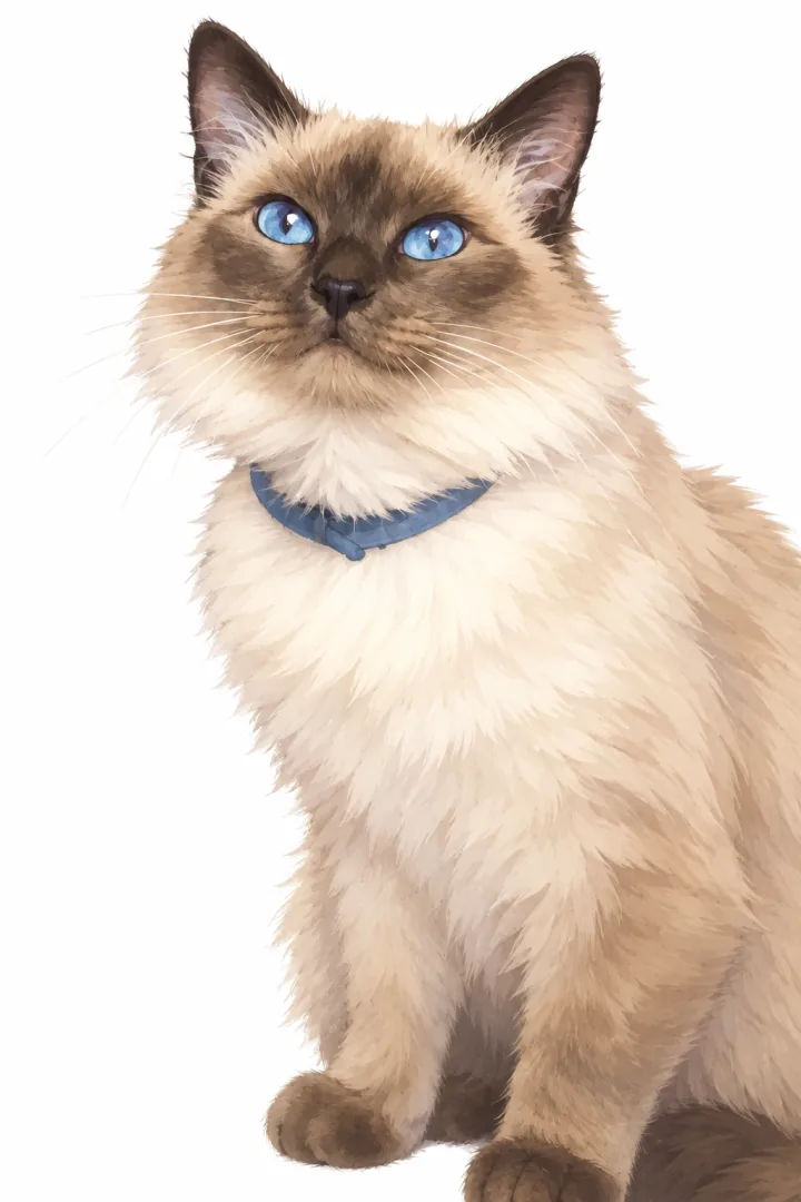The same cream cat with blue eyes and a blue collar, reinterpreted as a soft kawaii-inspired illustration on white.