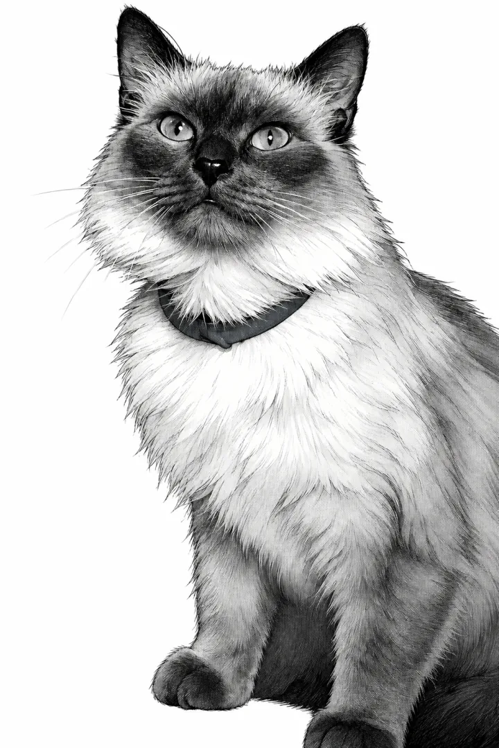 The same photographed cat reinterpreted in monochrome manga-inspired ink and hatching; coat markings and the collar are rendered as grayscale tones.