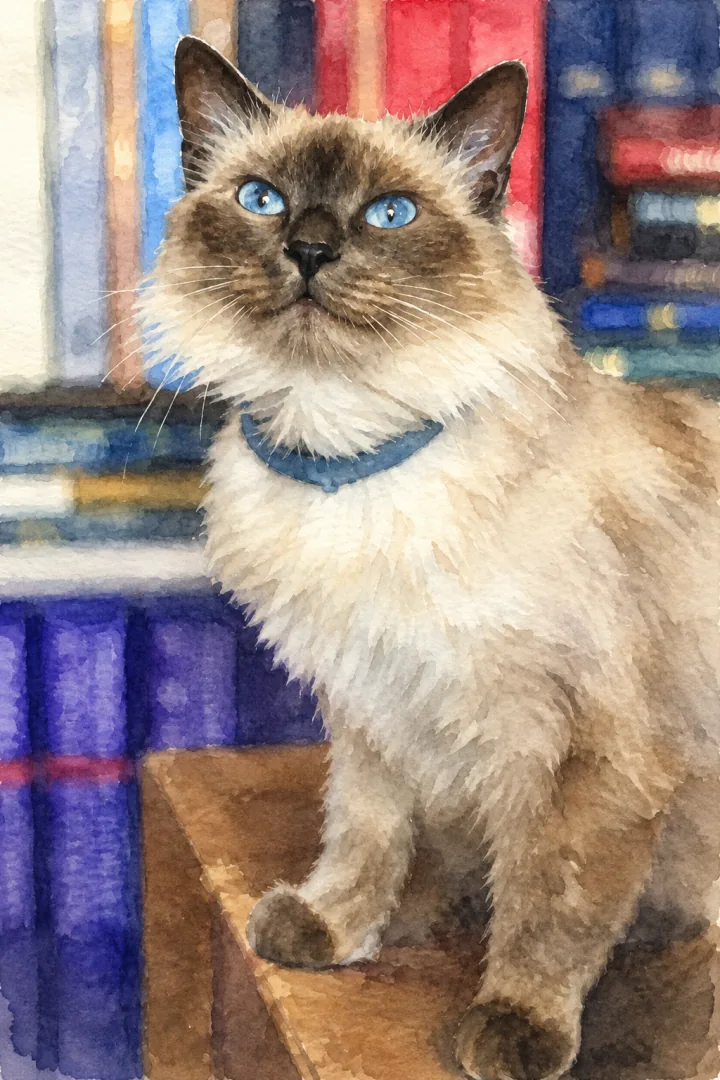 A watercolor interpretation of the same blue-eyed cream cat, with textured washes and the photographed bookshelf arrangement.