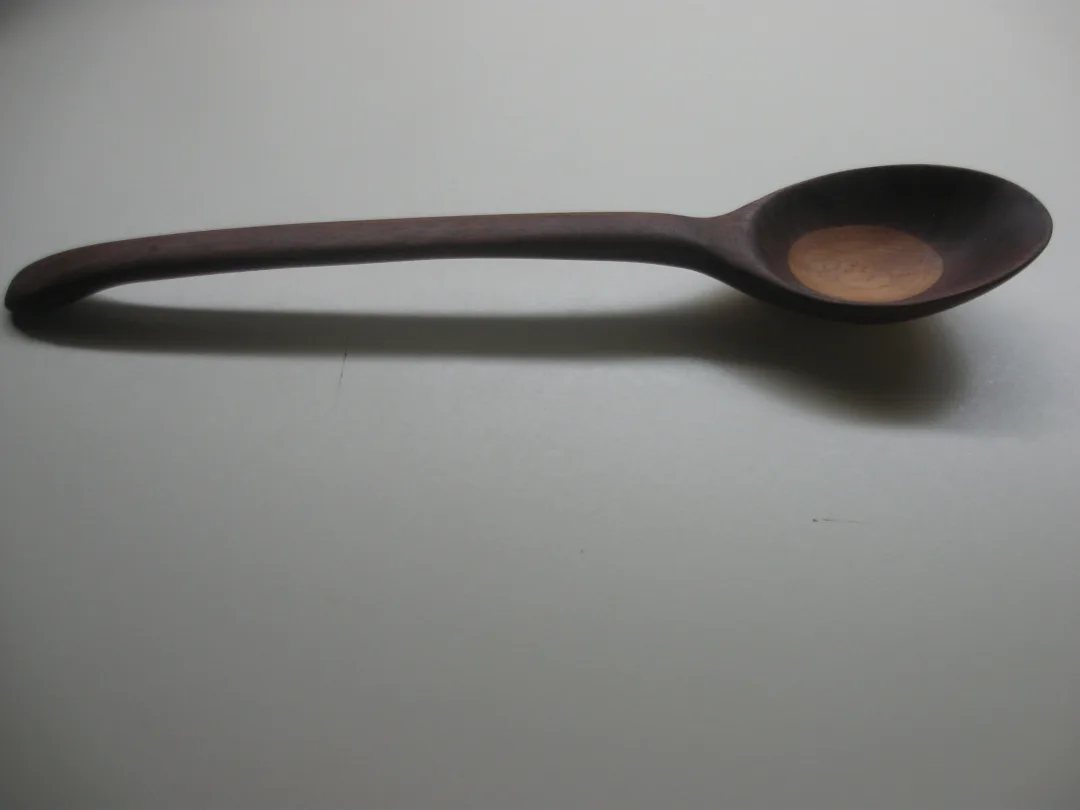A single dark wooden spoon photographed on a gray surface, with its long handle extending left and its oval bowl on the right.