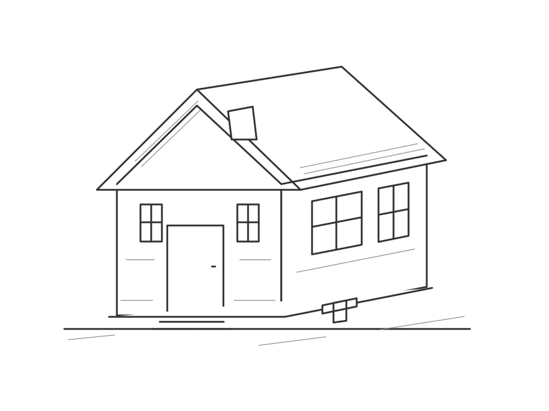 An original digital line drawing of a small workshop with a pitched roof, a front door, two front windows and two side windows.