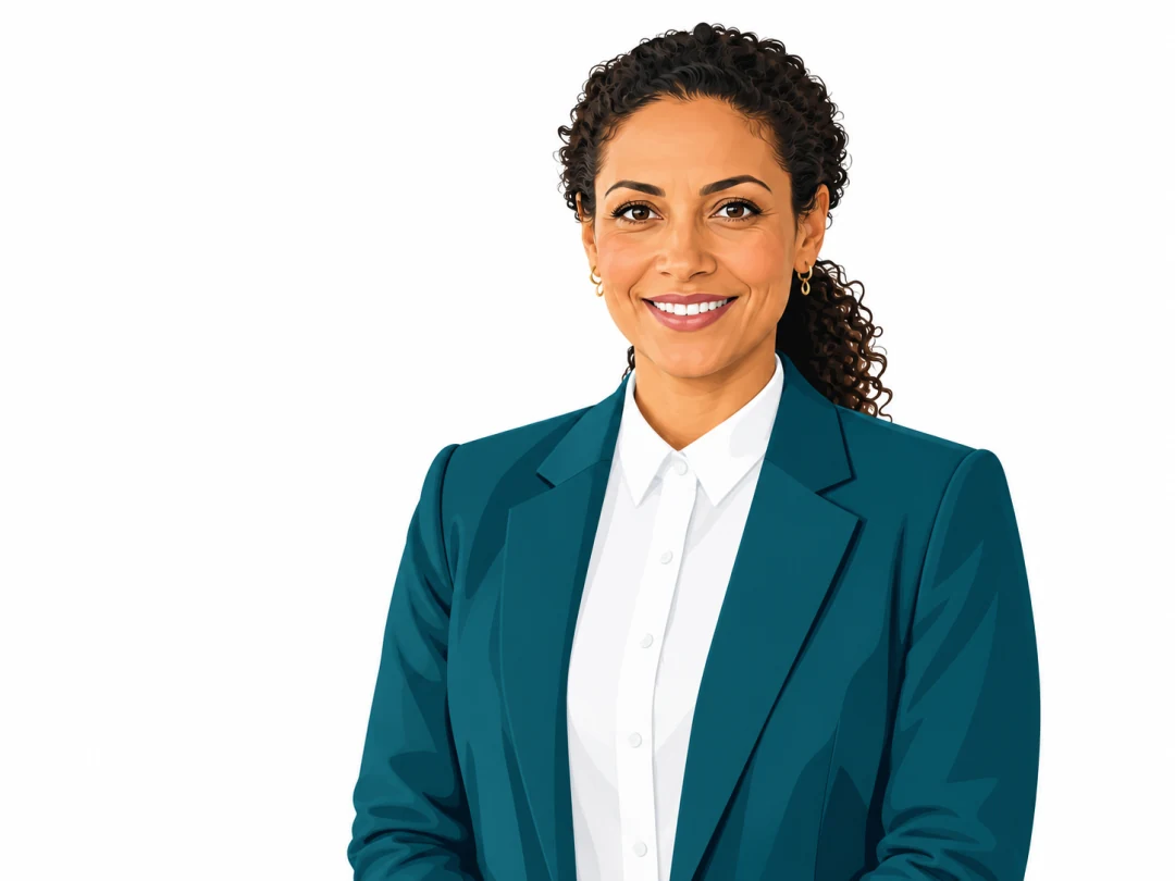 AI vector-style raster illustration of the same fictional-adult reference with a teal blazer, white blouse and simplified geometric shading.