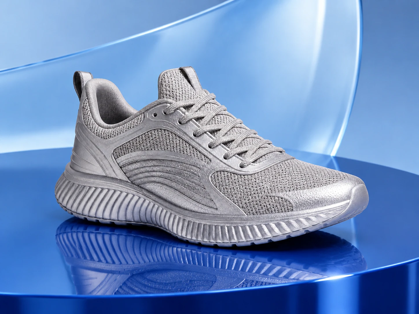 AI-edited footwear concept: a silver running shoe on a reflective blue platform.