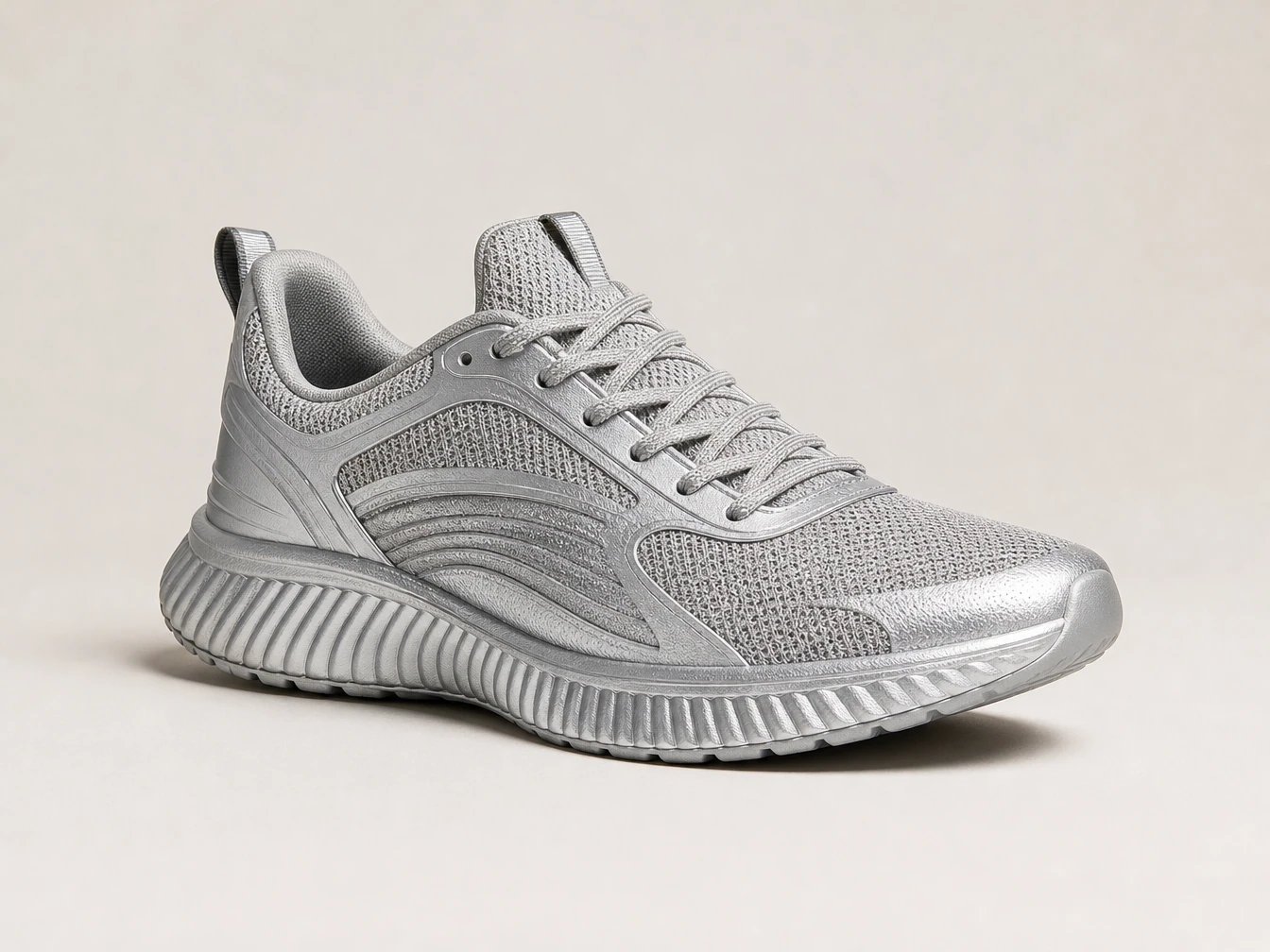 AI-generated reference: an original silver running shoe on a neutral studio background.