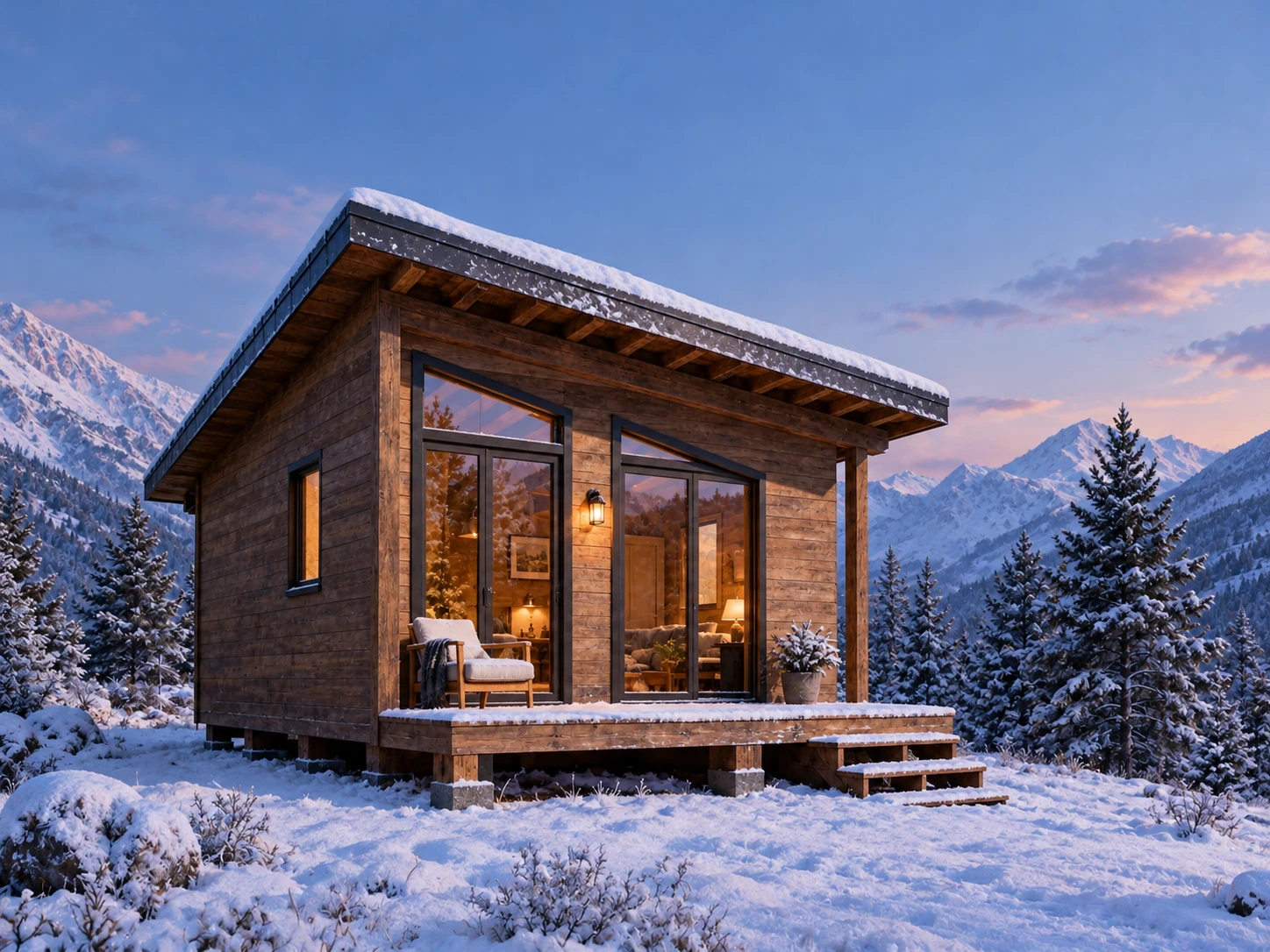 AI-edited architecture concept: a timber cabin with snow, dusk light and warm windows.