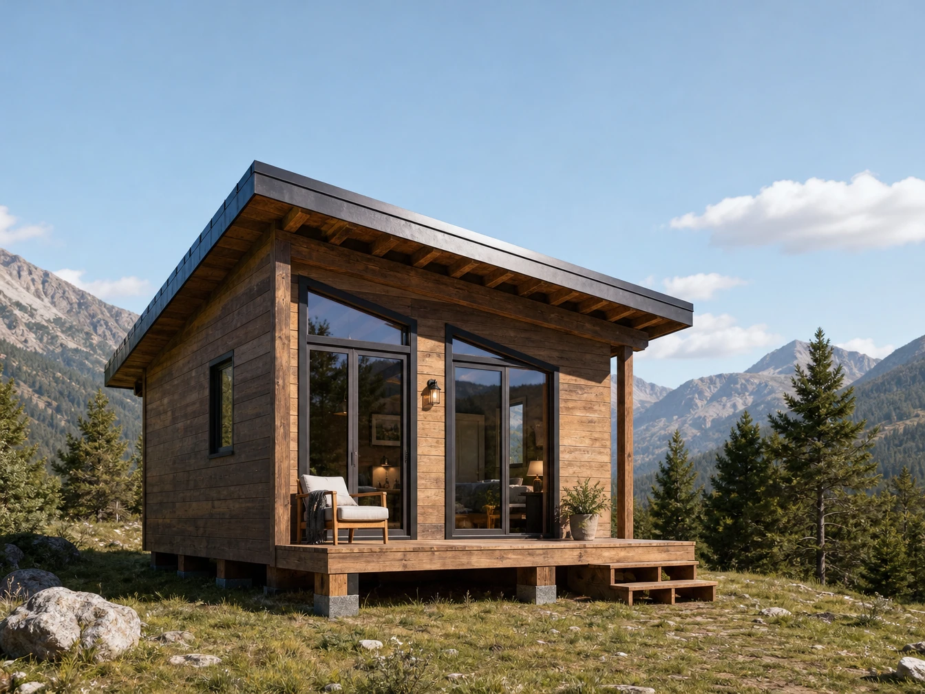 AI-generated reference: a timber cabin in an alpine landscape.